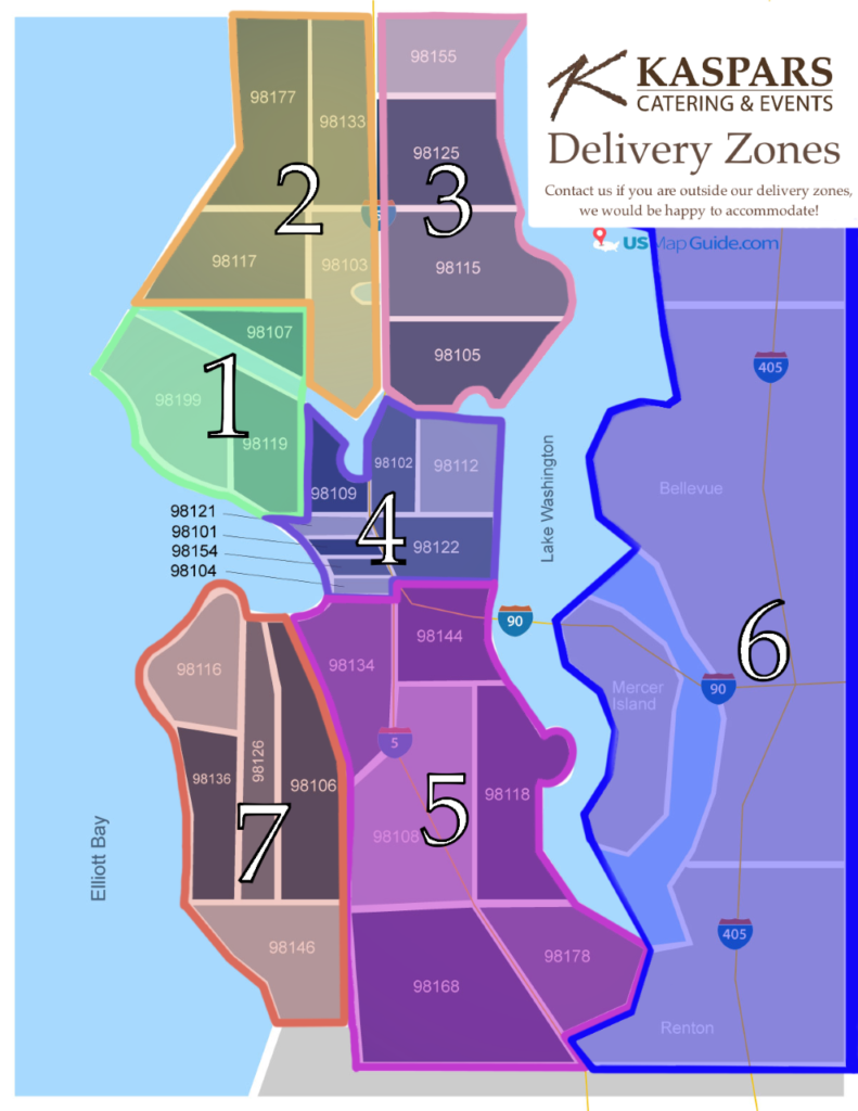 Map of greater Seattle Area with zipcodes outlined to mark different delivery zones.